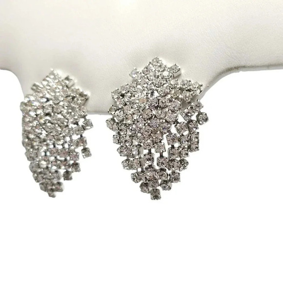 Clear Rhinestone Art Deco Style Large Clip On Silver Tone Firework Earrings B - Picture 3 of 5